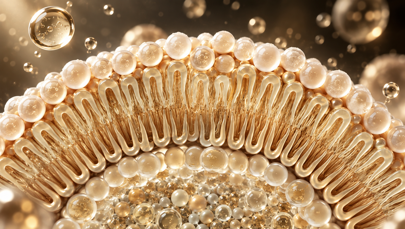 Golden biomimetic membrane structure surrounded by luminous lipid spheres