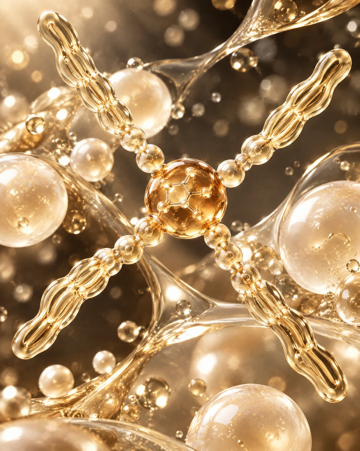 Ascorbyl Tetraisopalmitate represented through champagne-toned molecular and membrane science art
