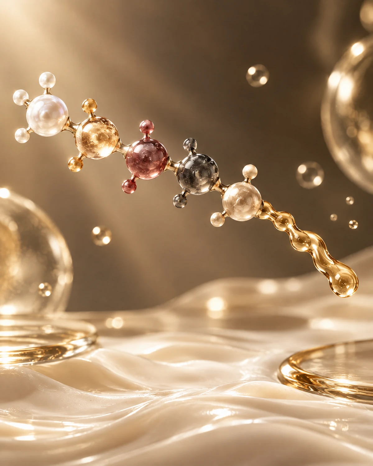 Palmitoyl Pentapeptide-4 represented through champagne-toned molecular and membrane science art