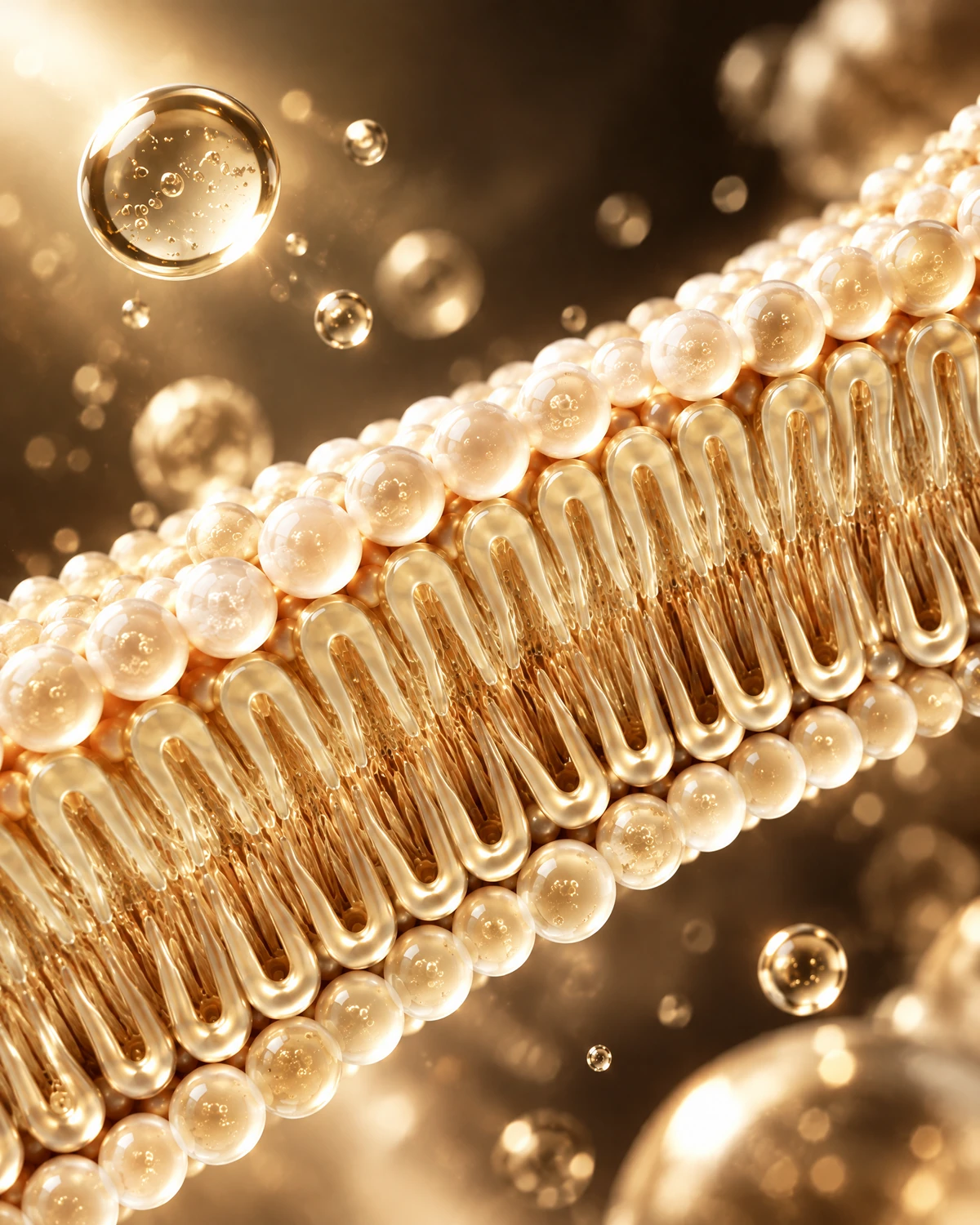 Phosphatidylcholine + Hydrogenated Phosphatidylcholine represented through champagne-toned molecular and membrane science art