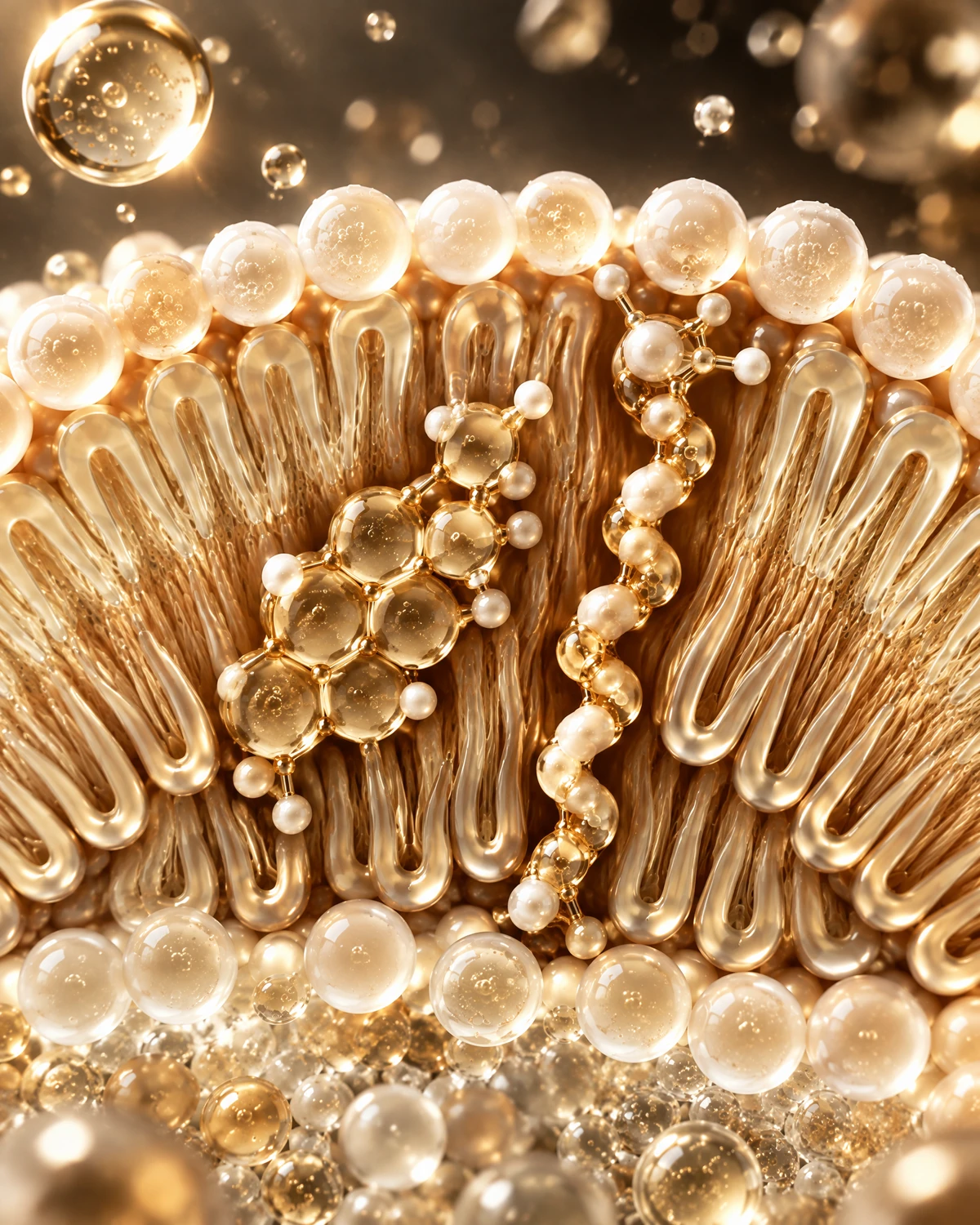 Cholesterol + Phytosphingosine represented through champagne-toned molecular and membrane science art