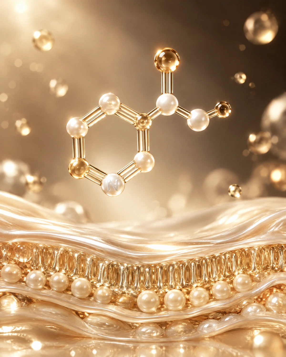 Niacinamide represented through champagne-toned molecular and membrane science art