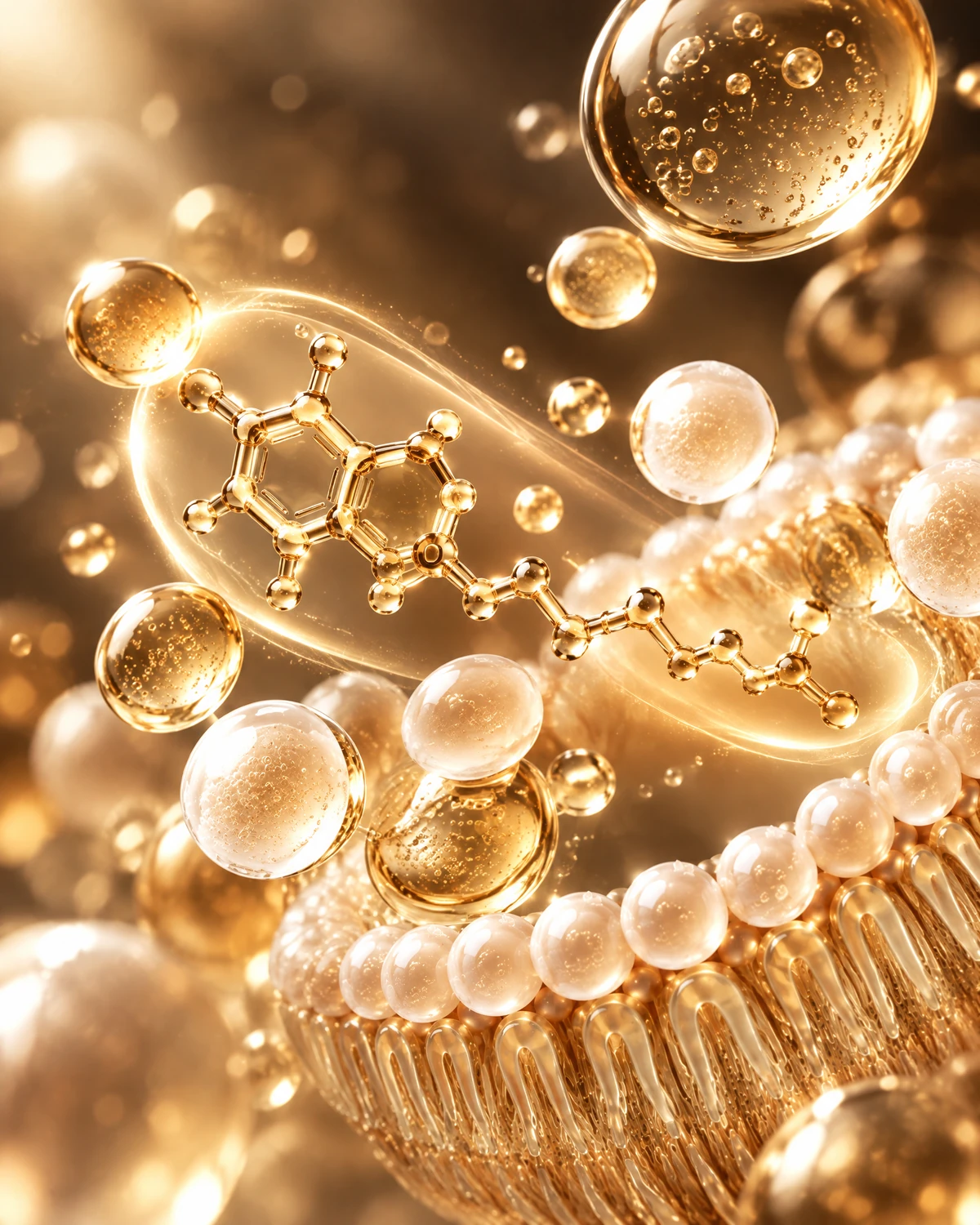 Vitamin E represented through champagne-toned molecular and membrane science art