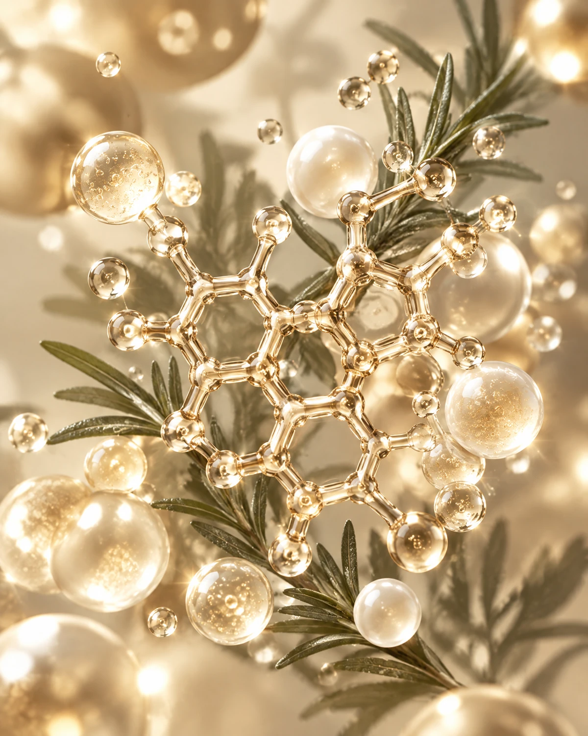 EGCG + Rosemary Extract represented through champagne-toned molecular and membrane science art