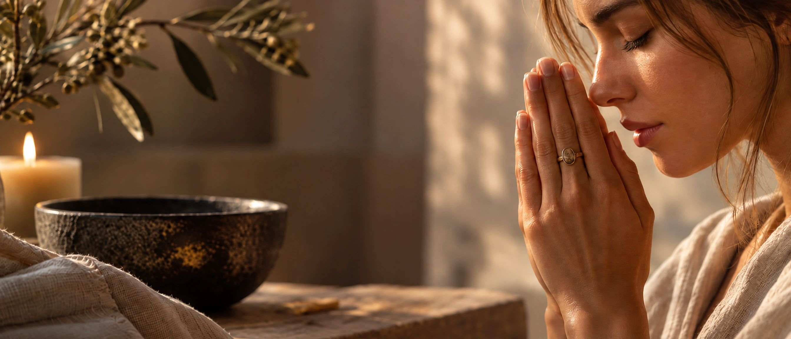 A woman pausing with her hands together beside a candle, ceramic bowl, linen, and olive branches during her evening ritual