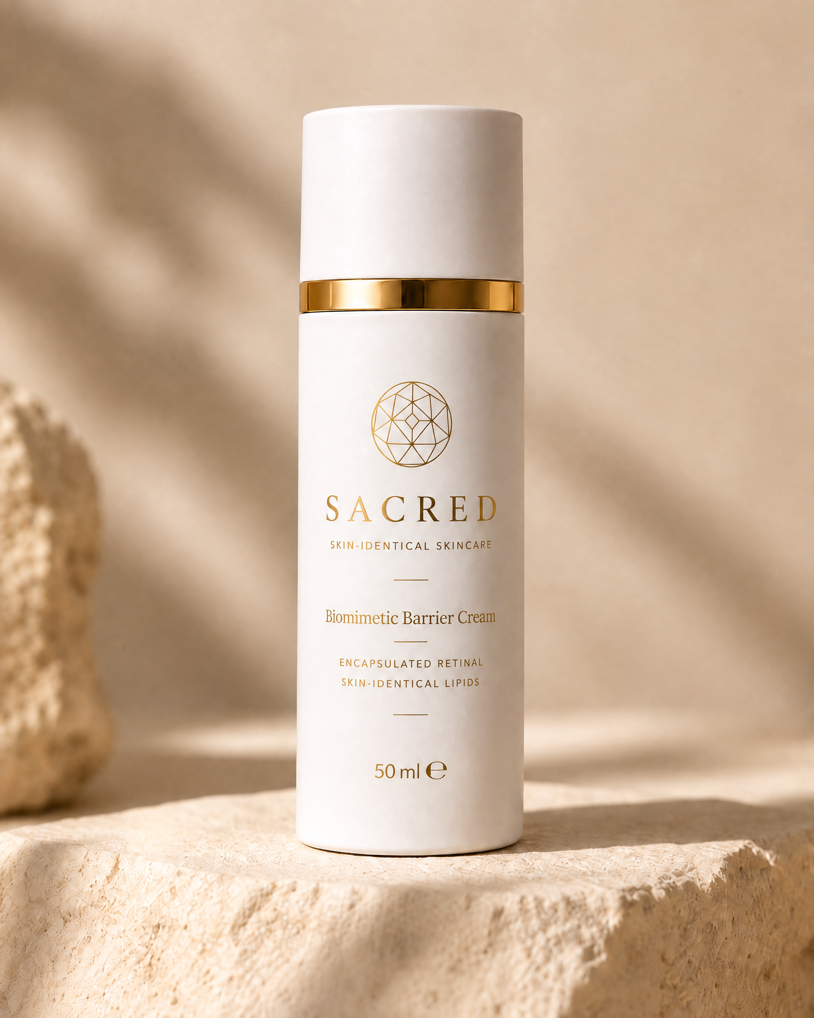 SACRED Biomimetic Barrier Night Cream bottle with the master faceted-globe label