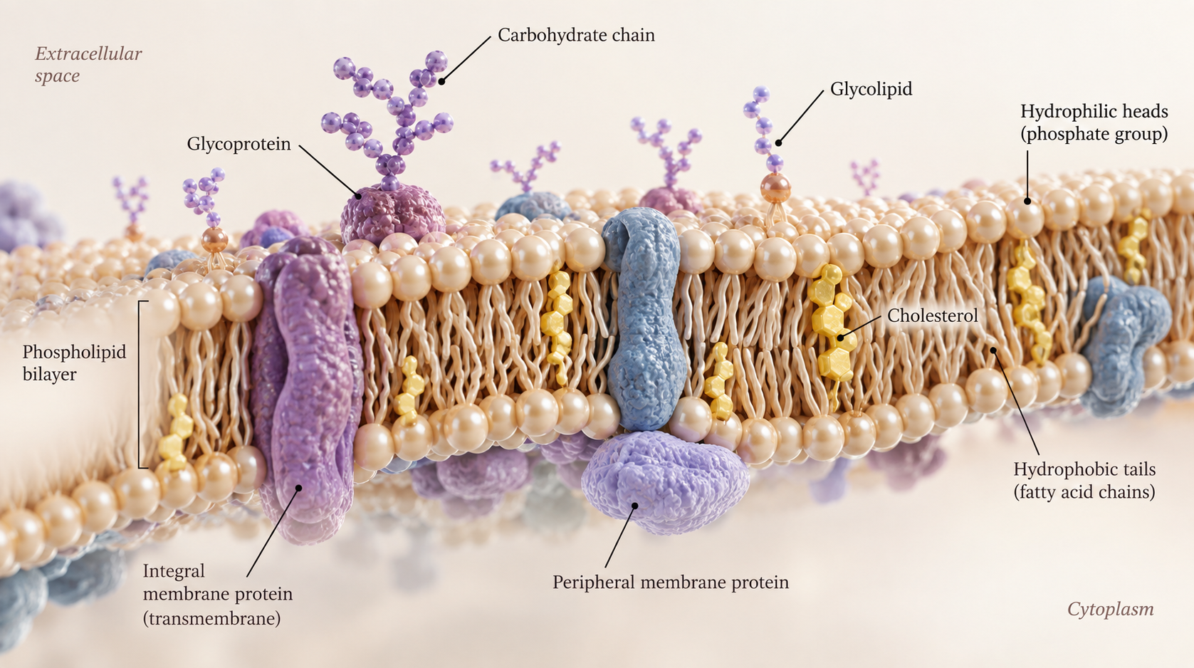 Annotated phospholipid bilayer showing membrane proteins, cholesterol, glycolipids, hydrophilic heads and hydrophobic tails
