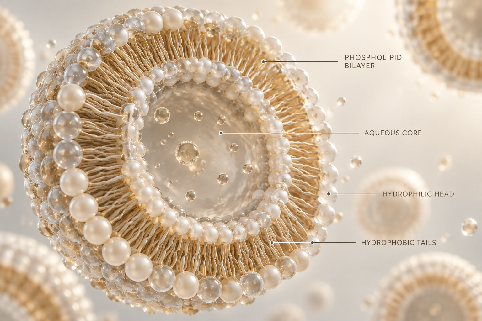 Champagne-toned phospholipid bilayer diagram with an aqueous core, hydrophilic heads and hydrophobic tails