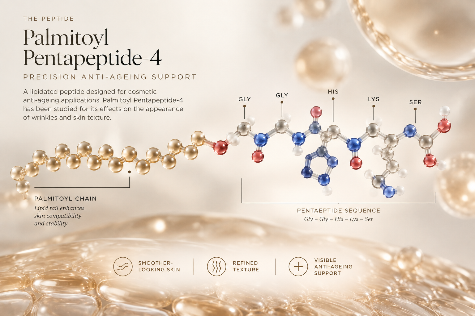 Annotated molecular illustration of Palmitoyl Pentapeptide-4 showing its lipid tail and Gly-Gly-His-Lys-Ser peptide sequence