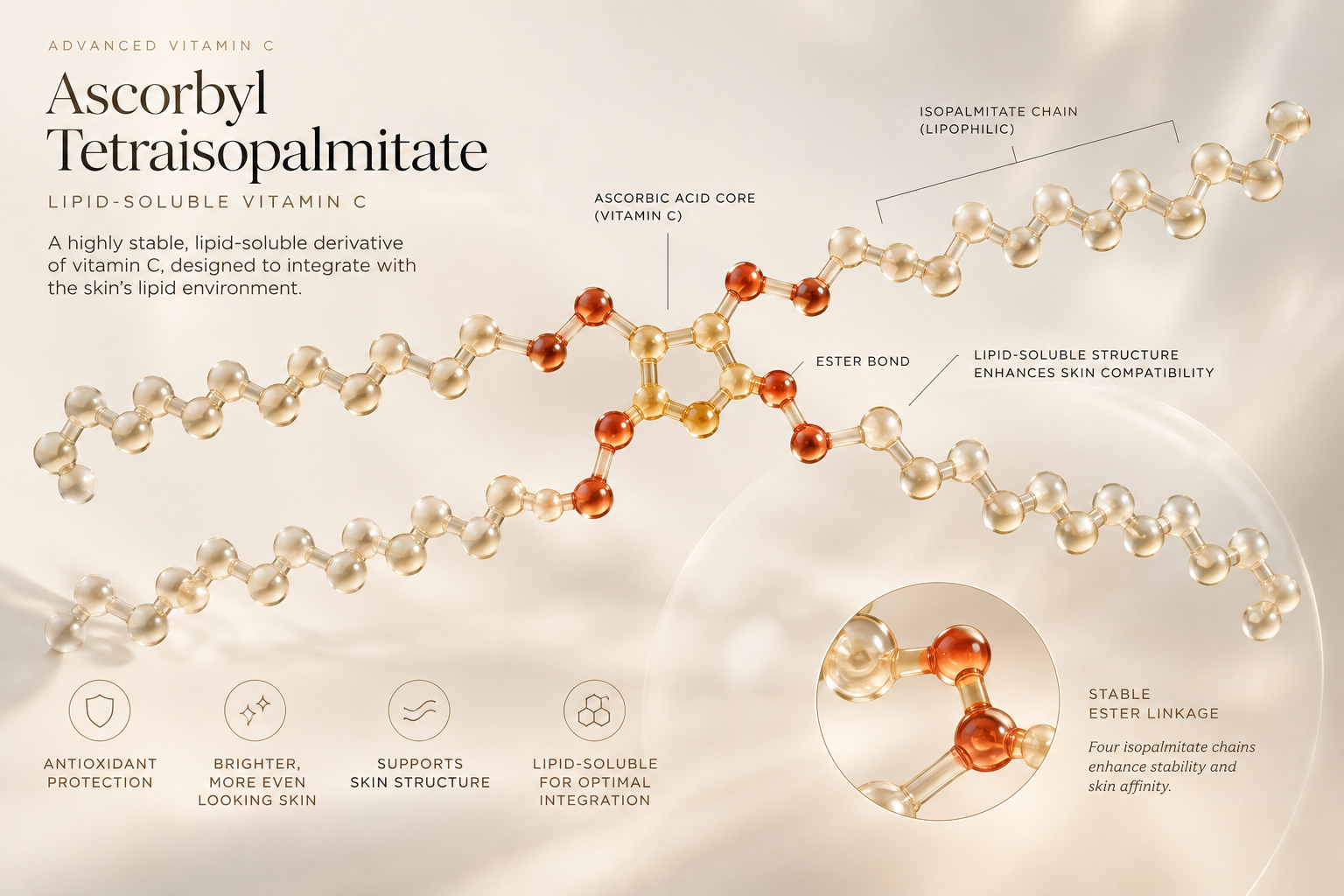 Annotated molecular illustration of Ascorbyl Tetraisopalmitate showing its vitamin C core, lipophilic chains and stable ester linkage